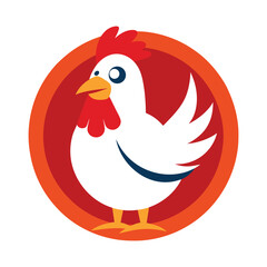 A cute cartoon white chicken with a red comb and wattle stands proudly in a vibrant orange circular frame representing farm life and poultry