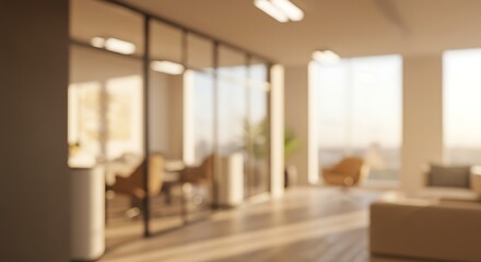 Blurred interior of a modern office with glass partitions and bright sunlight, perfect for a professional corporate background.