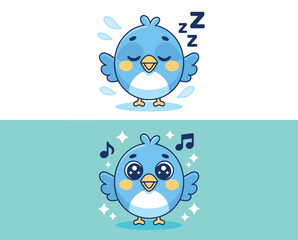 Happy and Sleepy Blue Bird Cartoon with Music Notes and Emotions