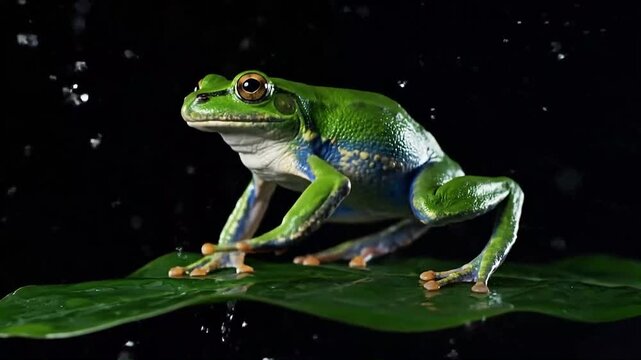 Green frog leaps from a wet leaf in a dark rainy setting