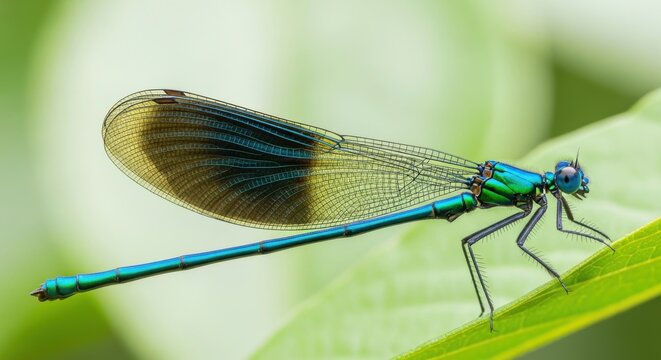A beautiful iridescent dragonfly rests on a vibrant green leaf - Powered by Adobe