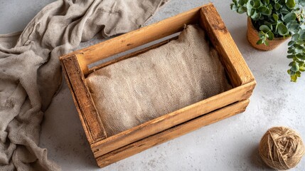 Fototapeta premium Wooden crate filled with packing material shown from top view on light backdrop