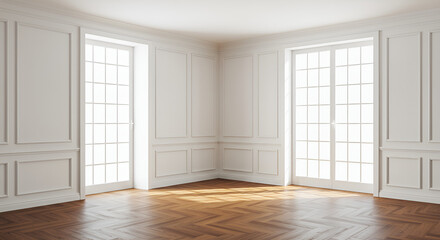 3d rendering illustration of big white room interior with big french windows and hardwood floor. Classical living room with molding, wall paneling. Day sun side light. Isolated on white, cut out