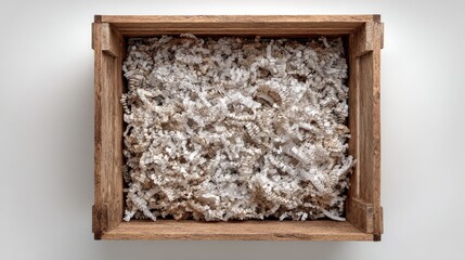Wooden crate filled with packing material shown from top view on light backdrop