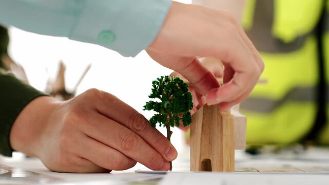 A video of architect using tree and home model to measure blueprint. Architect designing house construction on a table at studio, with architectural plan scattered around. Focus on hand. Delineation.