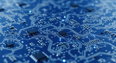 Close up of a blue computer circuit board with microchips