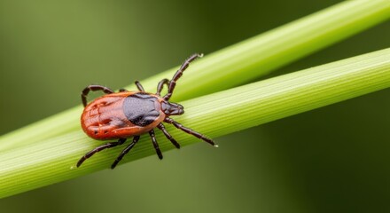 Closeup of a tick on a green stem in nature