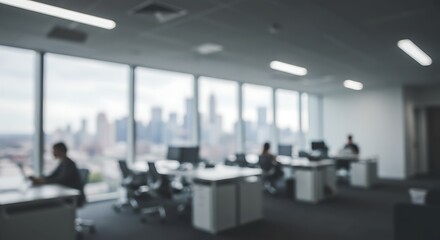 Blurred modern office interior with large windows and bright daylight. Abstract business background concept.