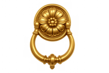 Elegant golden door knocker featuring a floral design, isolated on a transparent background, adding a touch of luxury to any entrance