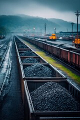 Fototapeta premium Rain-soaked freight cars are filled with coal, waiting in a train yard surrounded by misty mountains in the background during the early evening hours