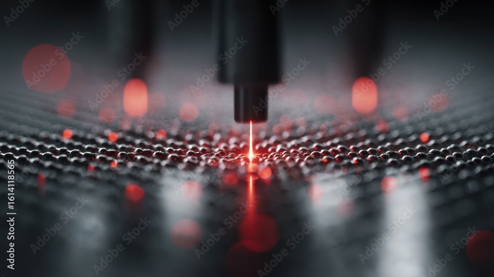 Poster red laser beam interacting with a structured surface at the atomic level, showcasing the dynamic int