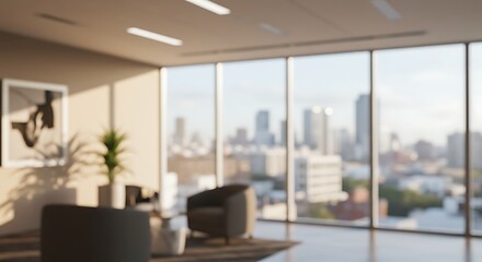 Blurred modern office interior with large windows and bright daylight. Abstract business background concept.