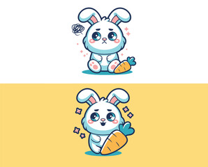 Sad and Happy Bunny Cartoon Holding a Carrot