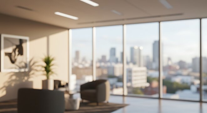 Blurred modern office interior with large windows and bright daylight. Abstract business background concept. - Powered by Adobe