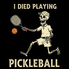 Skeleton playing pickleball while laughing on a black background  