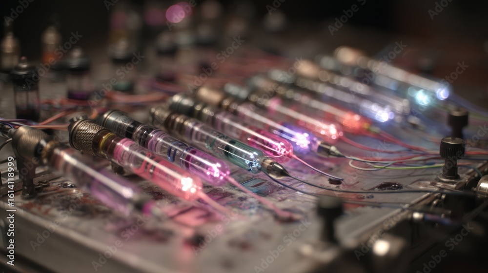 Poster array of small futuristic instruments interconnected by glowing wires, reading and interpreting dyna