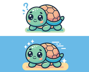 Cute Turtle Character with Emotion Expressions in Cartoon Style