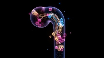 Fototapeta na wymiar 3Drendered visualization of plasma filtration in a nephron highlighting fluorescent waste droplets entering the collecting tubule.