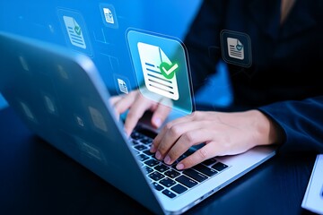 Close up of a person s hands typing on a laptop keyboard with digital icons and documents floating above the screen representing online work and data management