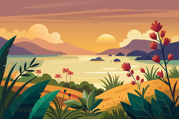 Bay Scene Under Golden Afternoon Light With Flowering Plants