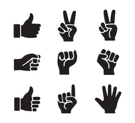 Obraz premium Hand vector silhouette, detailed hand gestures, positions, signs. Ideal arm, hands for illustrations, logos, icons. High quality graphics showcasing human interaction, expression.
