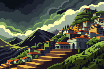 City Scene Under Stormy Skies With Terraced Slopes