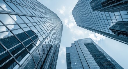 Looking up at modern skyscrapers reflecting the sky in the city