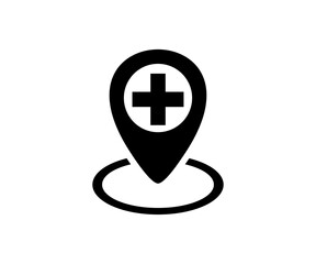 Black medical cross symbol inside a location pin marker icon. Medical location for search health clinic vector design and illustration.