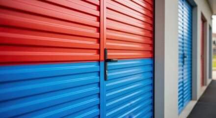 Fototapeta premium Brightly painted garage storage doors modern metal construction exterior view.