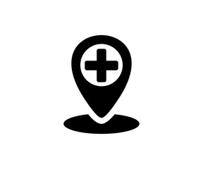 Obraz premium Medical facility pointer icon. Black medical cross symbol inside a location pin marker icon. Medical location for search health clinic vector design and illustration. 