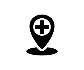 Medical facility pointer icon. Black medical cross symbol inside a location pin marker icon. Medical location for search health clinic illustration on transparent background. 
