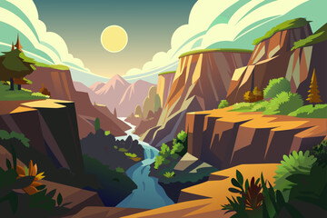 Crater Valley With Rocky Cliffs And Vegetation Crevices