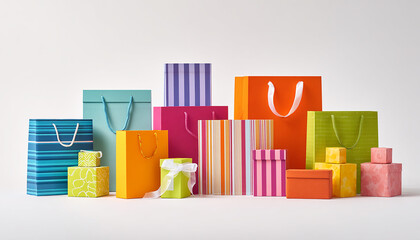 A vibrant collection of colorful gift bags and boxes arranged in a festive display against a clean white background