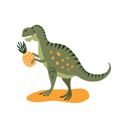 Cute cartoon green dinosaur t-rex holds pineapple, vector illustration for children's design.
