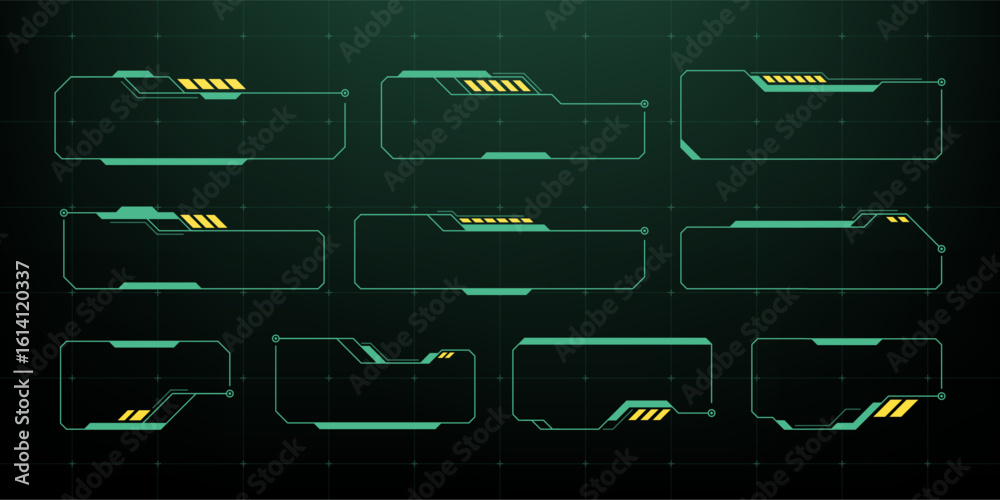 Poster set of green and yellow heads up display elements with grid background. futuristic user interface fr