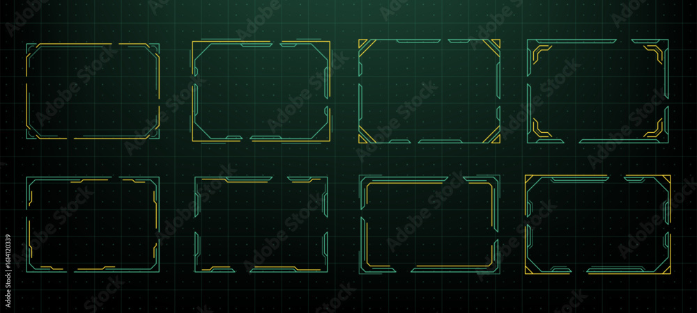 Poster set of various head up display. hud frames. gaming user interface with futuristic elements. retro te