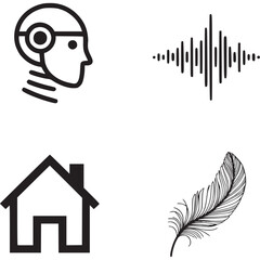 A collage of four black and white icons featuring a robot head, sound waves, a house, and a feather on transparent background