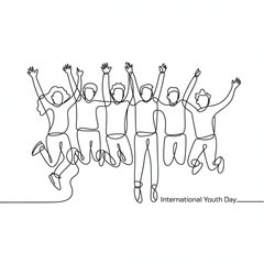 Young people jumping continuous line drawing. International youth day concept. Vector illustration minimalist design hand drawn isolated on white background. Vector illustration.