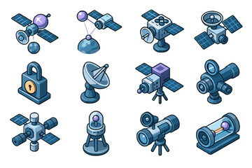 Collection of futuristic space satellites and communication devices