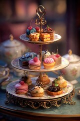 Fototapeta premium An assortment of colorful pastries and desserts are beautifully arranged on a vintage three-tiered stand in a charming tea room. The warm ambiance enhances the delightful scene