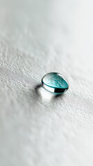 Translucent water droplet perched on irregular surface, refracting ambient light with delicate teal shimmer, highlighting intricate surface texture and liquid luminosity