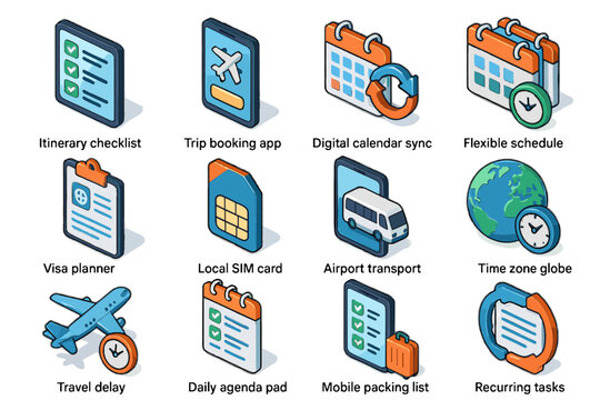 Travel planning icons: itinerary, calendar, sim, transport, schedule, tasks