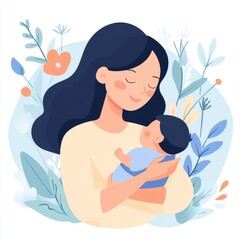Beautiful young mother holds a baby. The concept of family, motherhood, pregnancy. Modern vector flat illustration. Clipart for design