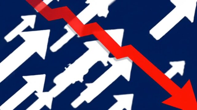 A bold red arrow sharply descends amidst a field of white upward arrows, visually representing a sudden market decline or a negative trend against a backdrop of general growth