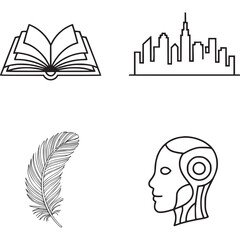 Naklejka premium A collage of four line art drawings: an open book, a city skyline, a feather and a robot head profile on transparent background