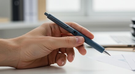 Hand Holding a Blue Pen Ready to Write on Paper