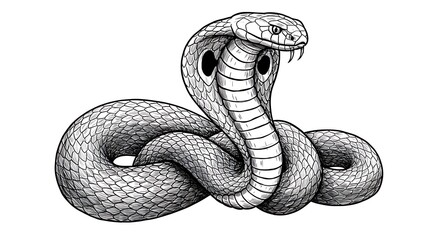 Monochrome engraving style illustration of a menacing spectacled cobra snake with its hood spread and fangs bared.