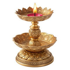 Ornate golden diya with a lit flame, isolated on transparent background