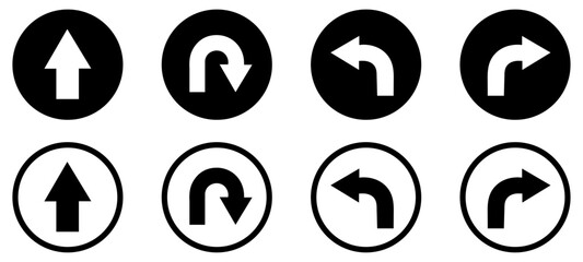 Go straight, U turn left and right black and white arrow round circle traffic sign direction Icon set. Black and white road signs vector illustration. Traffic direction symbols pack.