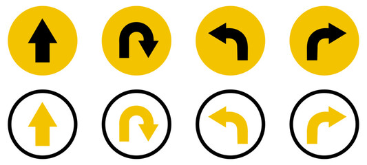 Road direction arrow icons set including straight ahead u turn left turn and right turn signs in black and yellow for traffic guideline. Traffic direction symbols pack